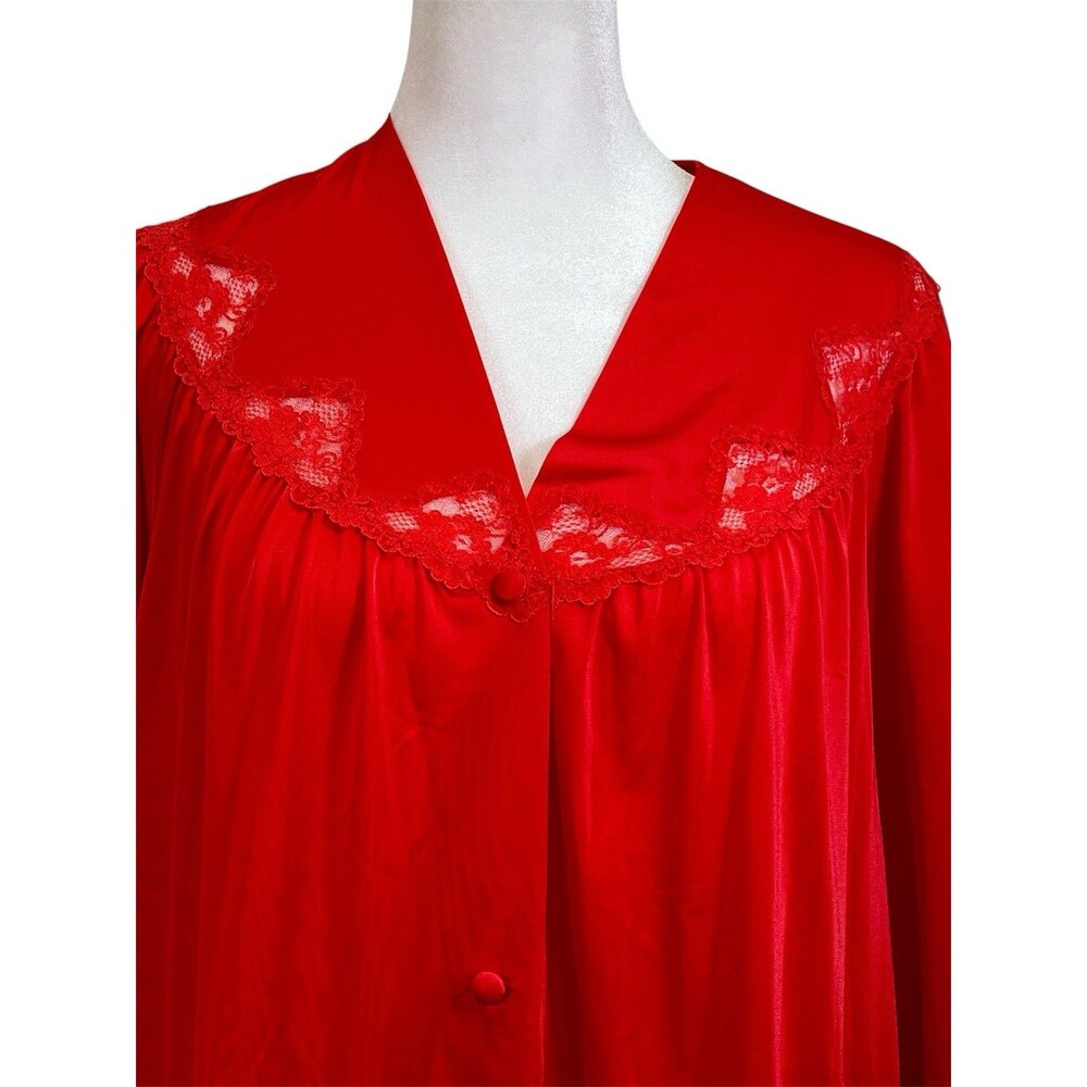 VTG. SHADOWLINE Long Red Robe Lace Button Up SZ Med Hollywood Glam Granny Core